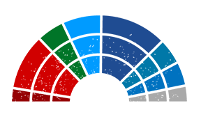 Una ilustración de un semicírculo con secciones de diferentes colores. Las secciones representan a los diputados al Parlamento Europeo en la sala de votación de Estrasburgo. Cada color representa un grupo político diferente.